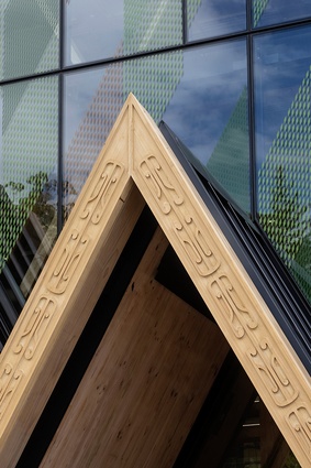 The facings of the triangles feature machine-routed Māori carving patterns by local carver Grant Marunui.