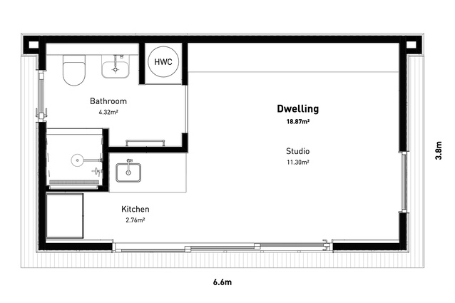 A plan view of the Bento cabin with all three available modules.