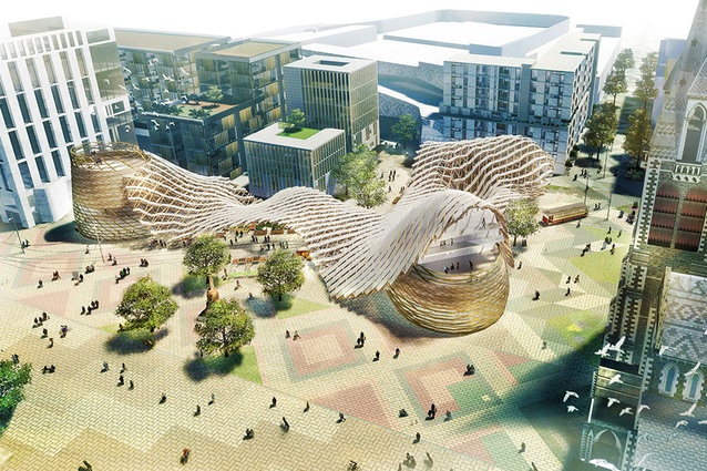 Part of Regenerate Christchurch's long-term plan for Cathedral Square involves creating interconnected spaces and three pavilions covered by a lattice-type material.