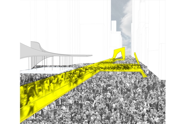 Render of walkway with Sixth Ave crowd.
