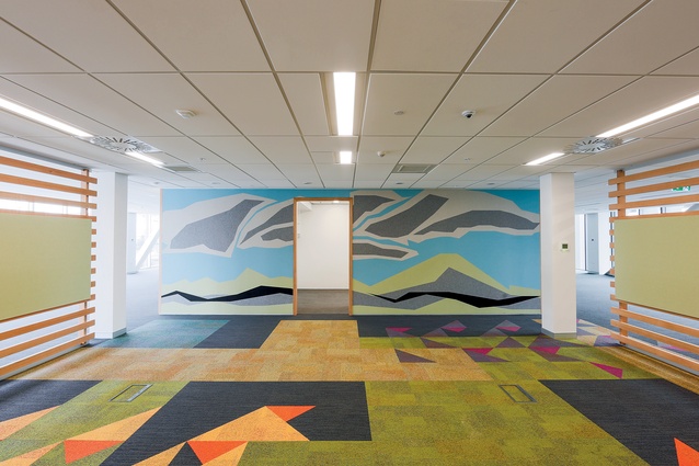 In communal areas, the colour scheme of the carpet tiles and acoustic panels has been inspired by the Canterbury Plains.