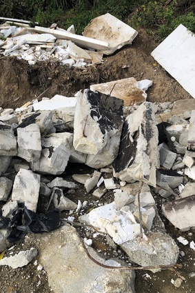 A typical slab demolition, with concrete and polystyrene intermingled and almost impossible to separate.