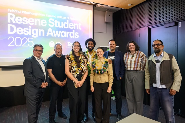 John Gerondis of Resene (left) with the winning and highly commended students and jury comprising NZIA President Huia Reriti, Karl Waipatene, Tina Williams and Murali Bhasker.