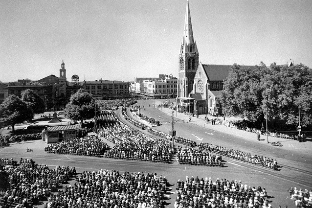 At the 17 December 1950 thanksgiving service that triumphantly concluded Canterbury’s centennial celebrations, Archbishop of Canterbury Geoffrey Fisher preached from a pulpit erected above the cathedral’s west door. The Square was transformed into a vast outdoor nave and transept. Estimates of the crowd size have varied from 5000 to even 20,000.