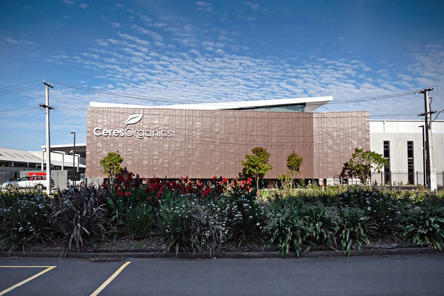 Exterior of the Williams Architects-designed Ceres Organics building in Mt Wellington, Auckland.