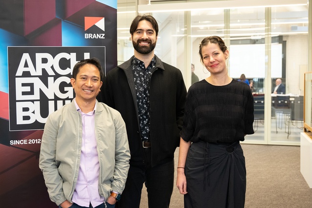 ArchEngBuild BRANZ winners Francis Orendain, Douglas Gonçalves and Ella Knapton.