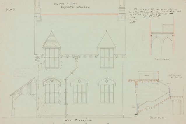New classrooms (Julius and Harper Houses). West elevation. Ink pen and watercolour
on paper. B W Mountfort 1885. Courtesy Wilkie + Bruce Architects Digital Archives.