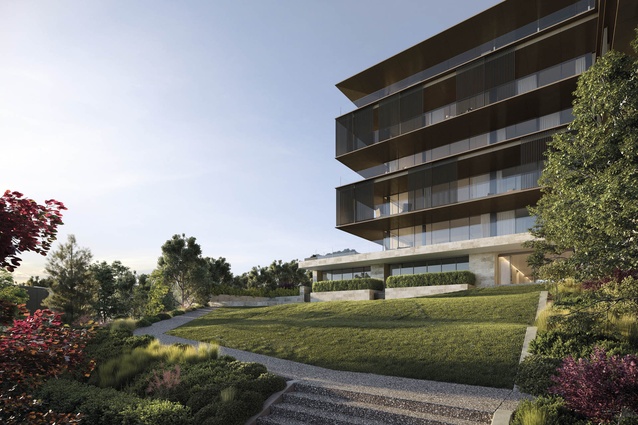 SOTO Apartments, with landscape design by Boffa Miskell. The site boasts an 1,100sqm central park terraced lawn and substantially planted garden that cascades down the site's northern slope.