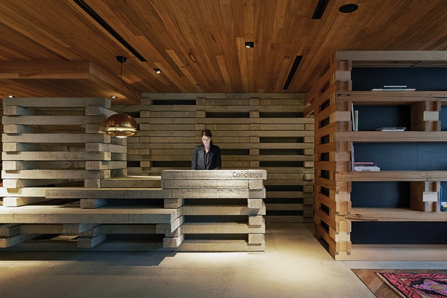 Hotel Hotel’s concierge desk is made from stacked concrete beams.
