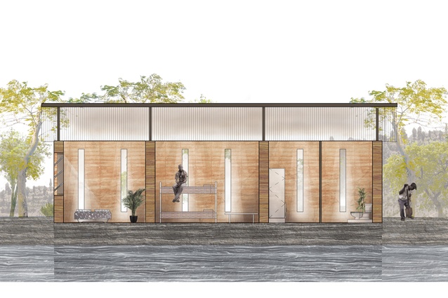 Long section rendering of the proposed rammed earth house.