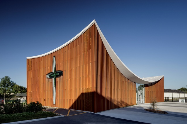 A floor-to-ceiling Mercy cross, with pounamu inlay, cuts a striking form on the high end of the building, which is used for worship.