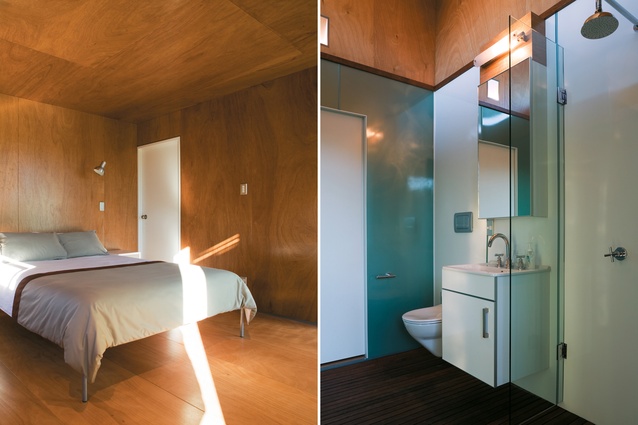 Guest/children's bathroom; the ceiling, floor and three of the four walls in the bedrooms are lined with ply. The design strategy differentiated between public (the more open central pavilion) and private (the enclosed ends) territory.