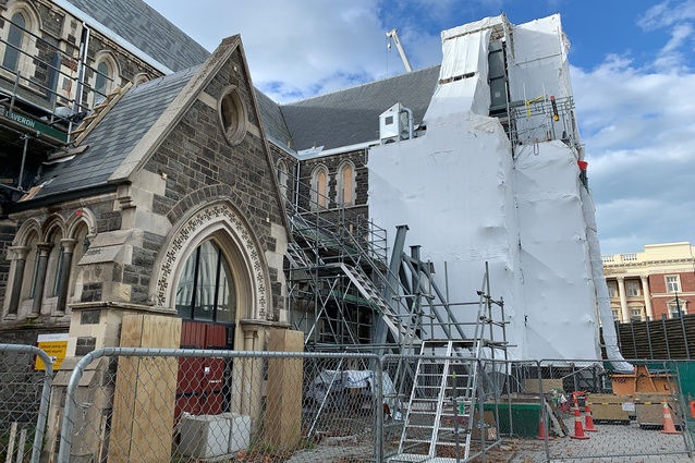 Scaffolding to the exterior of Christ Church Cathedral in Christchurch's central city.