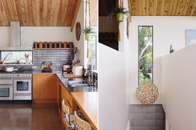 The kitchen's macrocarpa cabinetry and handmade tiling lend a permanent feel to the interior. Concrete bricks line the stair leading from carport to the main living. 