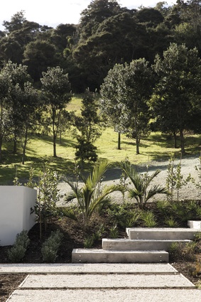 Landscaping is by Strass Landscapes Developer, and features many native trees and plants.