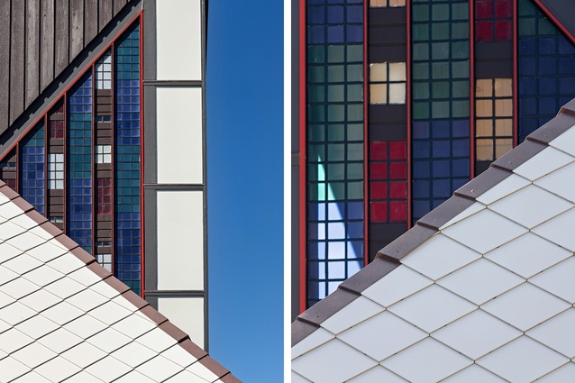Clerestory window and roof fin wall, and hip roof ridge flashing detail.