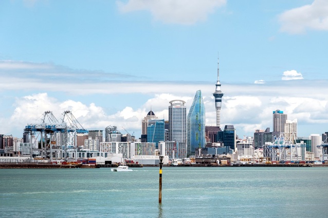 View across to Auckland's skyline including the proposed Customs Street East high-rise, designed by Peddle Thorp.