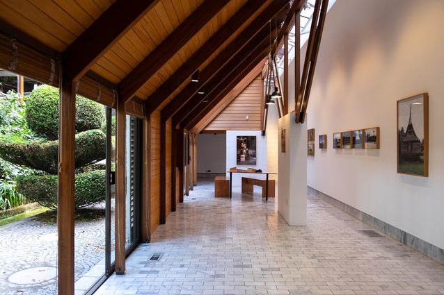 Installation view of ‘Oceanic Architectural Routes’, the photographic archive of Mike Austin presented by Architectus, 3 December 2022–26 February 2023 at Objectspace in Ōtautahi at the Sir Miles Warren Gallery.