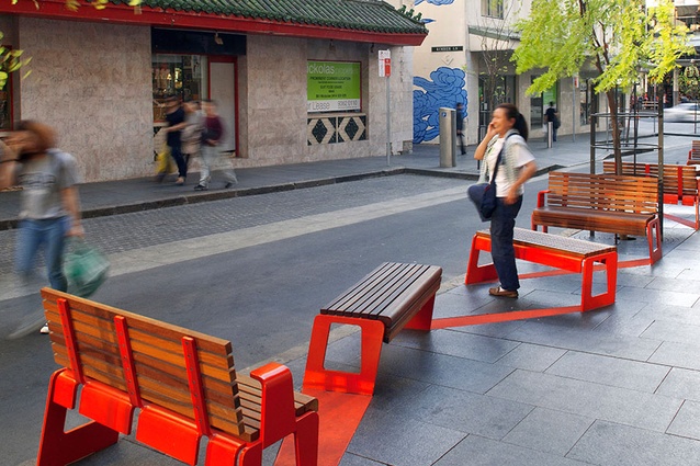 New street furniture and paving in Little Hay Street, Chinatown, Sydney.