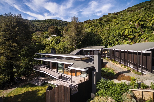The house winds down the hillside overlooking Pelorus Sounds.

