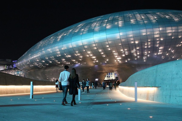 Dongdaemun Design Plaza (DDP) in Seoul, South Korea. Designed by Zaha Hadid and Samoo and completed 2011.