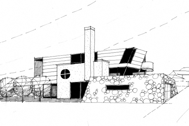 Sketch of Warwick House, a new coastal house to be constructed in Lyall Bay, Wellington.
