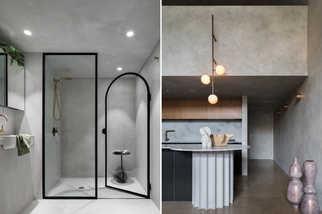 Unlike in the other rooms, a micro-topping cement has been applied to surfaces in the bathroom; bold lighting and a statement kitchen island add visual interest in the living areas.