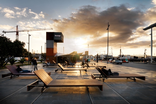 Karanga Plaza, design by Architectus, features giant wooden loungers on tracks, a design feature reminiscent of techniques used to launch yachts during the America's Cup.