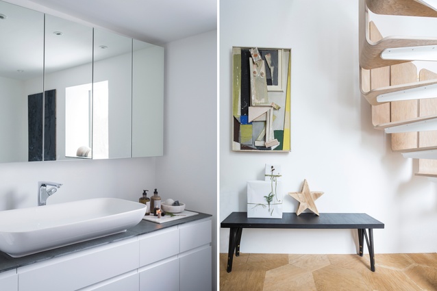 The bathroom has a simple but elegant design; indoors, artworks play and contrast with nearby design pieces.