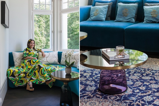 Jasmin Taylor sits on the blue Minotti sofa covered in an Adamo & Eva fabric from Dedar Milano. The coffee tables are Classicon by Sebastian Herkner.