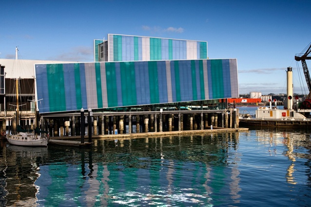 New Zealand Maritime Museum, Auckland by Bossley Architects, 2011. In this extension, large planes of coloured polycarbonate cladding explode the traditional form of the sheds.