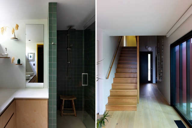 The green ensuite brings additional colour to the palette, as does a yellow door to the powder room at the top of the stairs.