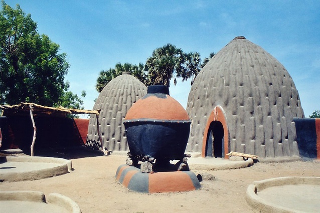 Cameroon's Musgum shell-shaped huts are constructed with compressed sun-dried mud. The geometric patterns on the exterior provide footholds during construction and maintenance and facilitate the draining of rainwaters.