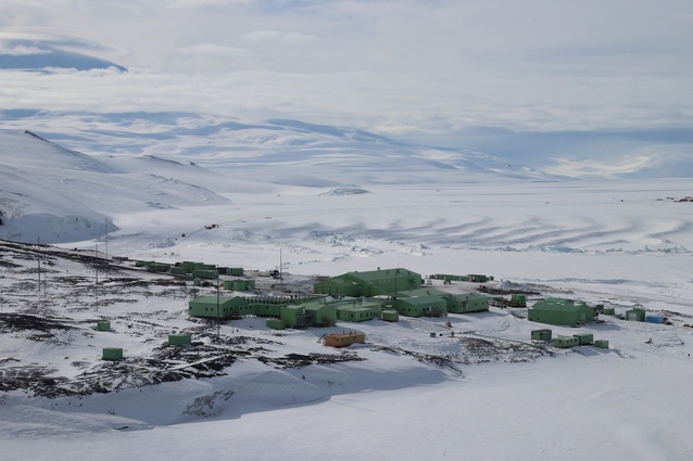 Scott Base with Mount Erebus in the background.

 