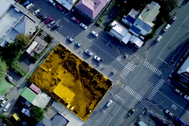 Aerial photo of Collett’s site, on the corner of London and Oxford Streets in Lyttelton, Christchurch.