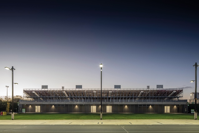 Central Energy Trust Arena Palmerston North main grandstand and pedestrian bridge.