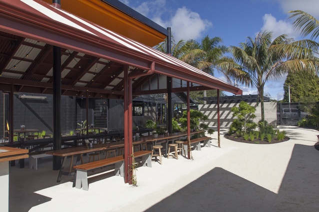The biergarten features a huge retractable canopy for year-round cover.