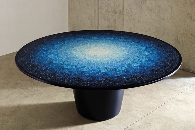Brodie Neill's Gyro table uses fragments of recycled ocean plastic that are inlaid to achieve the terrazzo effect.