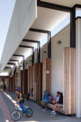 Outside seating and street-edge activation at Whakatāne’s Library and Exhibition Centre – Te Kōputu a te whanga a Toi – the first stage of the project, opened in 2012.