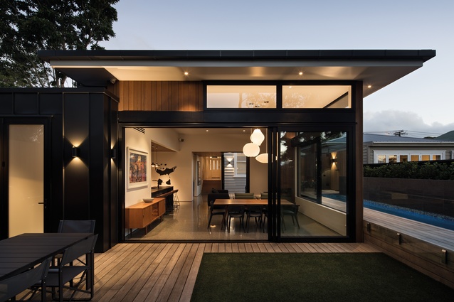 Grey Lynn House, Auckland. The living and dining space opens up to the barbecue area.