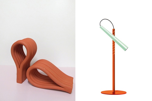 Mirror object N.2 by Danish designer Hanna Whitehead; Magneto table lamp by Italian designer Giulio Iacchetti for Foscarini.