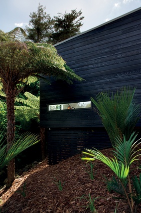 The exterior of the home is clad in black-stained cedar.