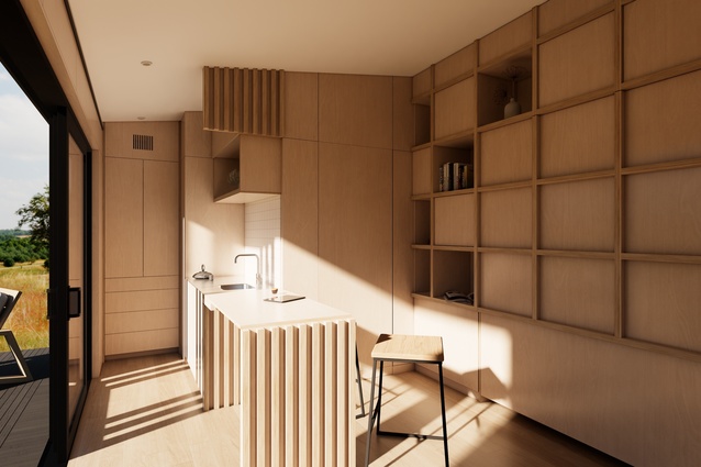 A Bento Kitchen (available in two configurations) with Studio Bed cubbies visible to the back wall.