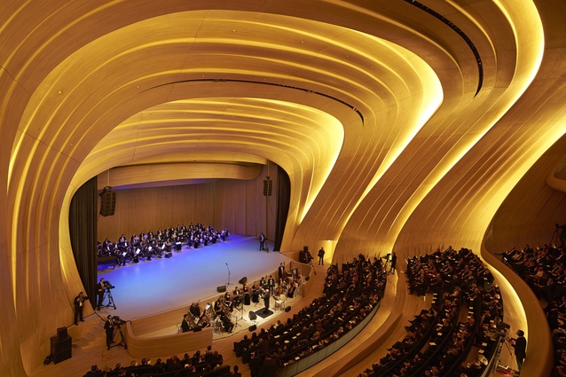 Interior shot of the Heydar Aliyev Centre. A concrete structure was combined with a steel space frame to create the elaborate geometries of the building.