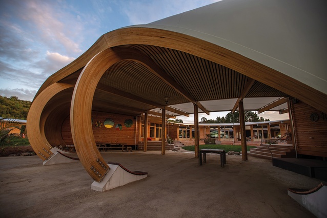 Boldly curved, exposed glulam timber beams express the shape of the kina shell and direct visitors inside.