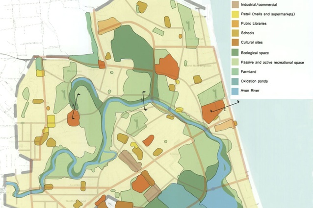 A plan showing how Christchurch East could be restructured with high-density housing on passive and active recreation space. 