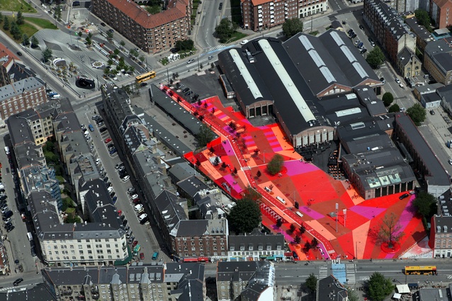 Aerial view of the urban park Superkilen, Copenhagen, Denmark.