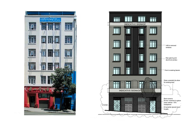 The building as it exists today (left) and a render of the refurbished facade. 
