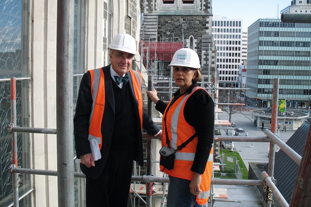 Sir Miles Warren with Jenny May, working on the heritage restoration and conservation of the Christ Church Cathedral in 2007.