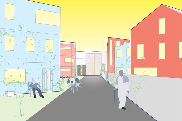 A laneway graphic from Saskia's thesis project <em>Housing Human Needs: Addressing the Psychological Needs of Occupants Through Medium-Density Housing</em>.